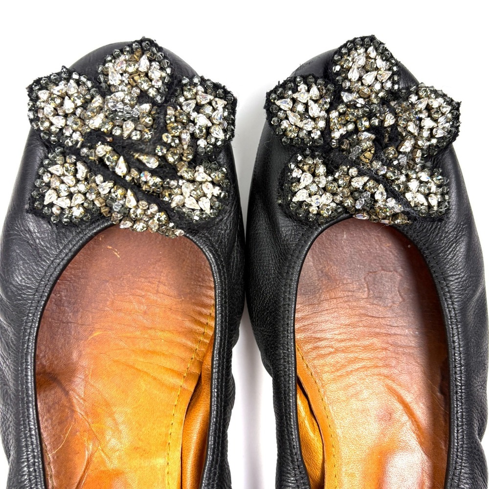 Lanvin Ballerina Alec Fleur Strass Flats Womens Sz 8/8.5 Black‎ Leather Jewel